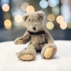 Vintage Boyds Collection Jointed Teddy Bear Taupe Shaggy Plush Burgundy Bow 1985